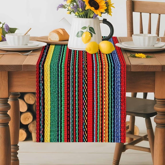 Burlap Table Runner 70 Inches Long, Mexican Colorful Stripes Non-Slip Kitchen Table Runners for Dining Room Everyday Use Party Table Decorations Rainbow Lines Ethnic Style