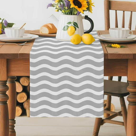 Burlap Table Runner 70 Inches Long, Minimalist Art Gray White Stripe Non-Slip Kitchen Table Runners for Dining Room Everyday Use Party Table Decorations Abstract Wave Water Ripple
