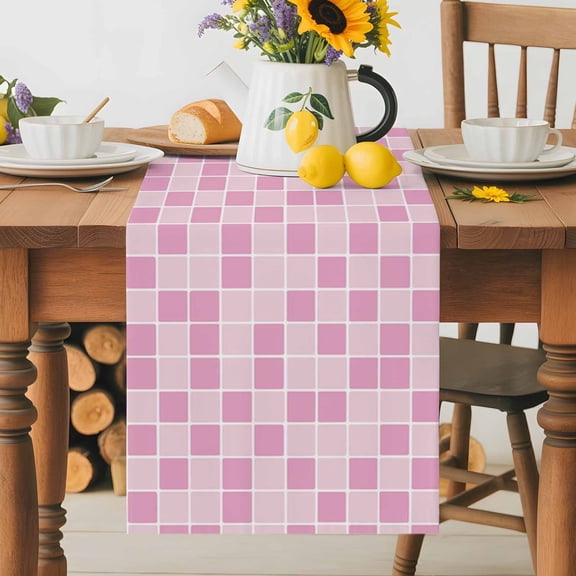 Burlap Table Runner 70 Inches Long, Modern Geometric Square Lattice Non-Slip Kitchen Table Runners for Dining Room Everyday Use Party Table Decorations Pink Buffalo Checker Ombre