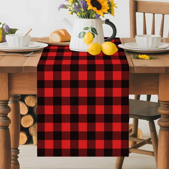 Burlap Table Runner 70 Inches Long, Modern Minimalist Checkered Non-Slip Kitchen Table Runners for Dining Room Everyday Use Party Table Decorations Abstract Red Black Buffalo Plaid