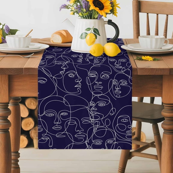 Burlap Table Runner 70 Inches Long, Modern White Line Character Face Non-Slip Kitchen Table Runners for Dining Room Everyday Use Party Table Decorations Abstract Purple