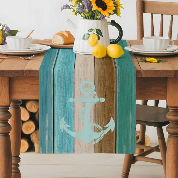 Burlap Table Runner 70 Inches Long,Nautical Anchor Teal Wood Board Non-Slip Kitchen Table Runners for Dining Room Everyday Use Party Table Decorations Farm Vintage Wooden