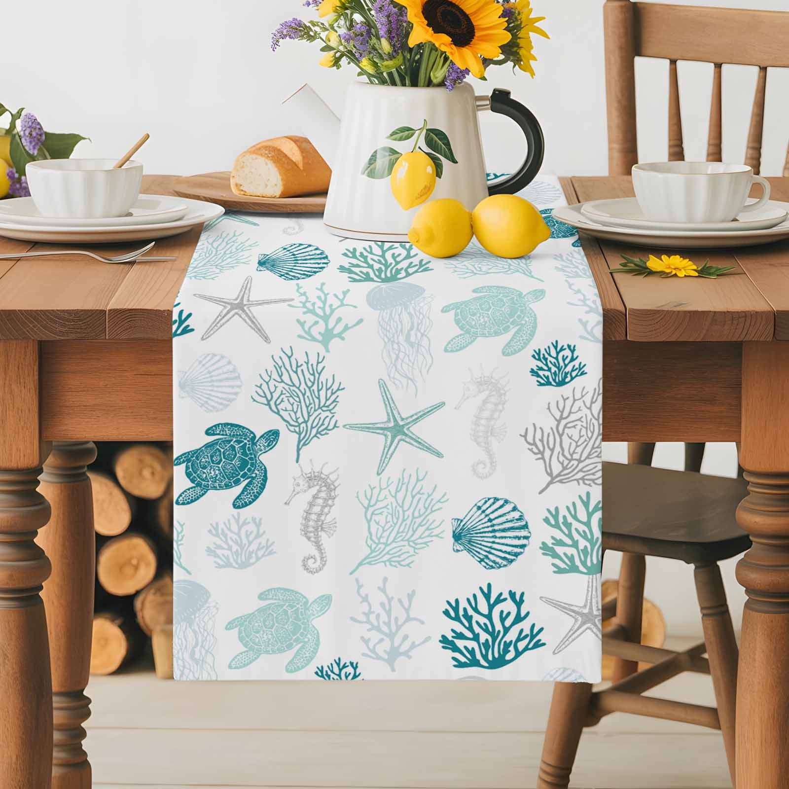 Burlap Table Runner 70 Inches Long,Nautical Coral Teal Sea Turtle Non ...