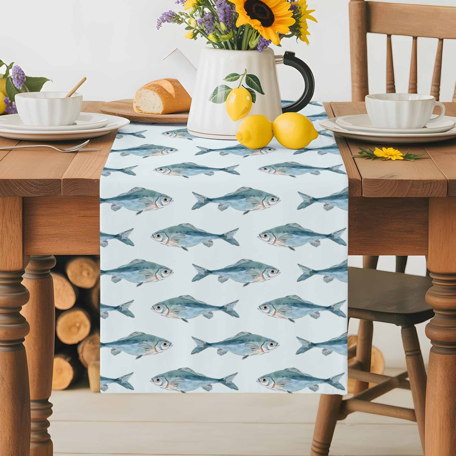 Burlap Table Runner 70 Inches Long, Ocean Blue Fish Seamless Non-Slip ...