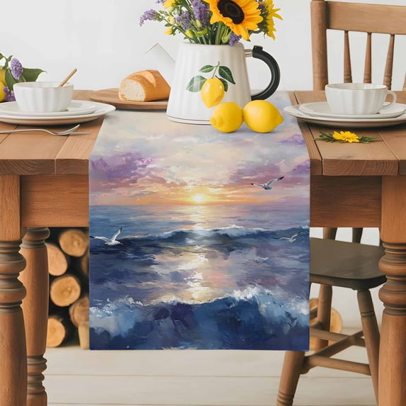 Burlap Table Runner 70 Inches Long,Ocean Sunset Scene Oil Painting Non-Slip Kitchen Table Runners for Dining Room Everyday Use Party Table Decorations Marine Beach Seagull