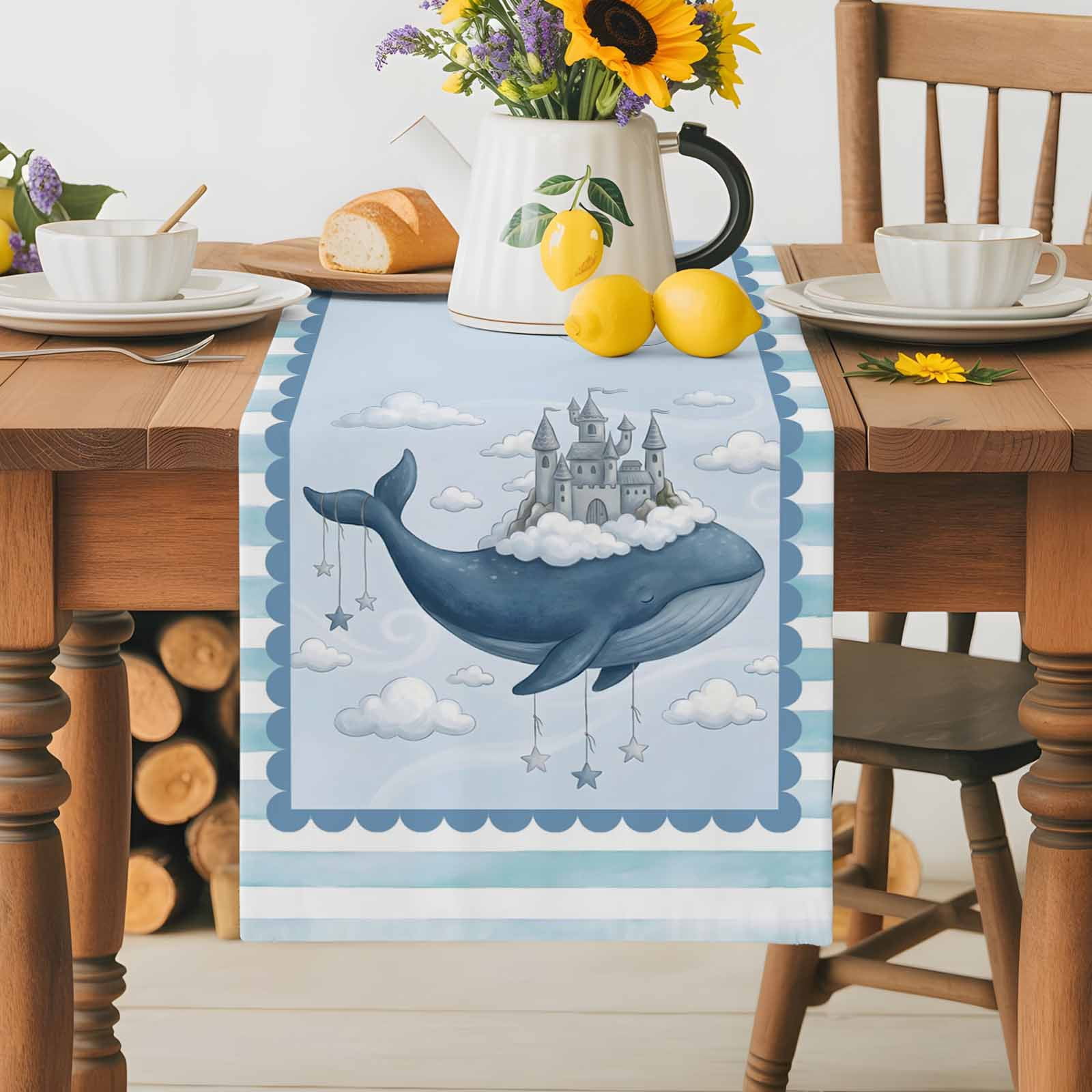 Burlap Table Runner 70 Inches Long,Ocean Whale Castle Cloud Sky Non-Slip Kitchen Table Runners for Dining Room Everyday Use Party Table Decorations Blue Theme Stripe