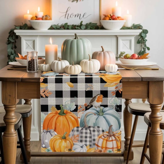 Burlap Table Runner 70 Inches Long,Orange Pumpkin Fall Maple Leaves Thanksgiving Bird Non-Slip Kitchen Table Runners for Dining Room Everyday Use Party Table Decorations Retro Black Grid