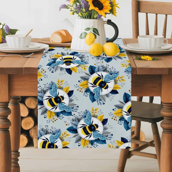 Burlap Table Runner 70 Inches Long, Pastoral Bee Gradient Leaves Non-Slip Kitchen Table Runners for Dining Room Everyday Use Party Table Decorations Country Wildflower on Blue
