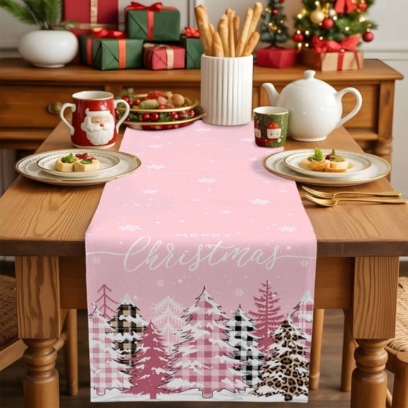 Burlap Table Runner 70 Inches Long,Pink Christmas Tree Leopard Print Non-Slip Kitchen Table Runners for Dining Room Everyday Use Party Table Decorations Winter White Snowflakes