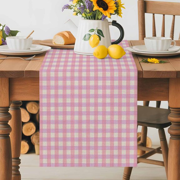 Burlap Table Runner 70 Inches Long, Pink Gingham on Linen Non-Slip Kitchen Table Runners for Dining Room Everyday Use Party Table Decorations Modern Plaid Lattice