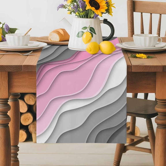 Burlap Table Runner 70 Inches Long,Pink Gray Gradient Stripe Ripple Non-Slip Kitchen Table Runners for Dining Room Everyday Use Party Table Decorations Abstract Geometric Ombre
