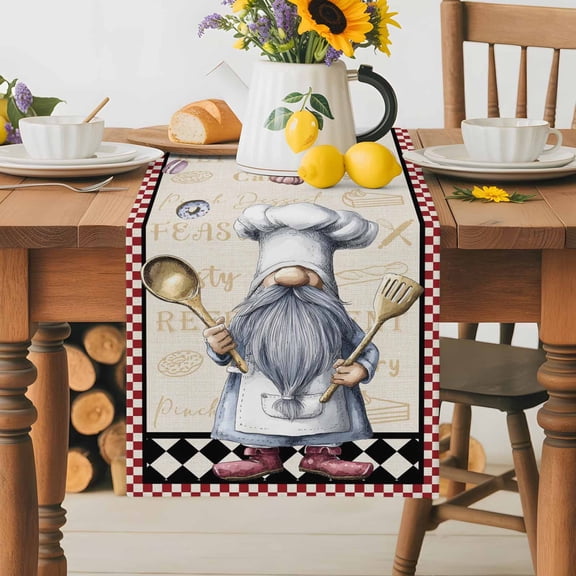 Burlap Table Runner 70 Inches Long,Retro Funny Chef Gnome Cake Non-Slip Kitchen Table Runners for Dining Room Everyday Use Party Table Decorations Black Red Checkered Plaid