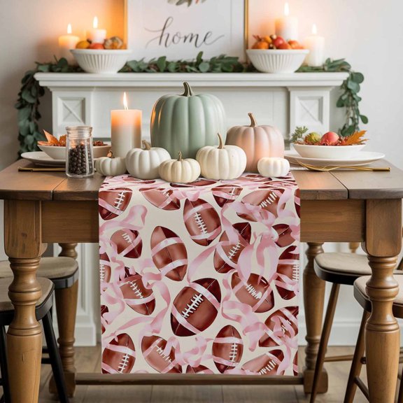Burlap Table Runner 70 Inches Long,Rugby Football Pink Bow Non-Slip Kitchen Table Runners for Dining Room Everyday Use Party Table Decorations Sports Lover