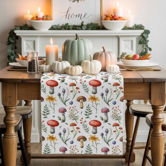 Burlap Table Runner 70 Inches Long,Rural Garden Mushroom Plants Non-Slip Kitchen Table Runners for Dining Room Everyday Use Party Table Decorations Retro Botanical Leaves