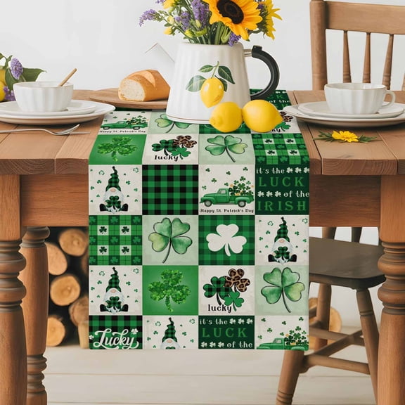Burlap Table Runner 70 Inches Long,Rustic Gnome Shamrock Truck Non-Slip Kitchen Table Runners for Dining Room Everyday Use Party Table Decorations St. Patrick's Day Theme Green Plaid