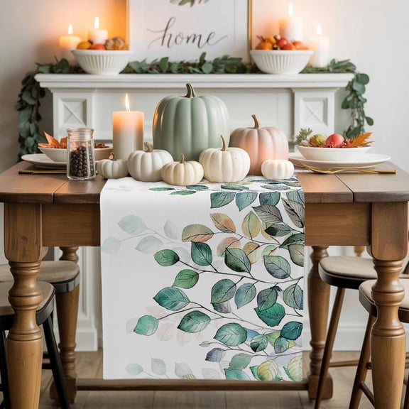 Burlap Table Runner 70 Inches Long,Sage Green Eucalyptus Leaves Watercolor Non-Slip Kitchen Table Runners for Dining Room Everyday Use Party Table Decorations Farm Plants on White