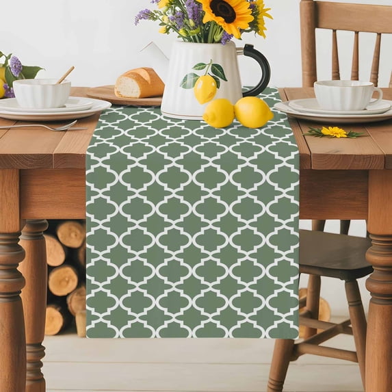 Burlap Table Runner 70 Inches Long, Sage Green Moroccan Lattice Non-Slip Kitchen Table Runners for Dining Room Everyday Use Party Table Decorations Buffalo Plaid White Line