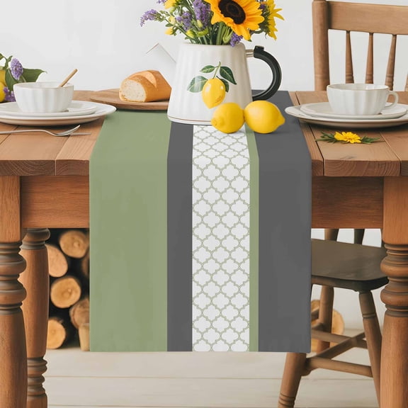 Burlap Table Runner 70 Inches Long, Sage Green Morocco Pattern Non-Slip Kitchen Table Runners for Dining Room Everyday Use Party Table Decorations Stitching Art