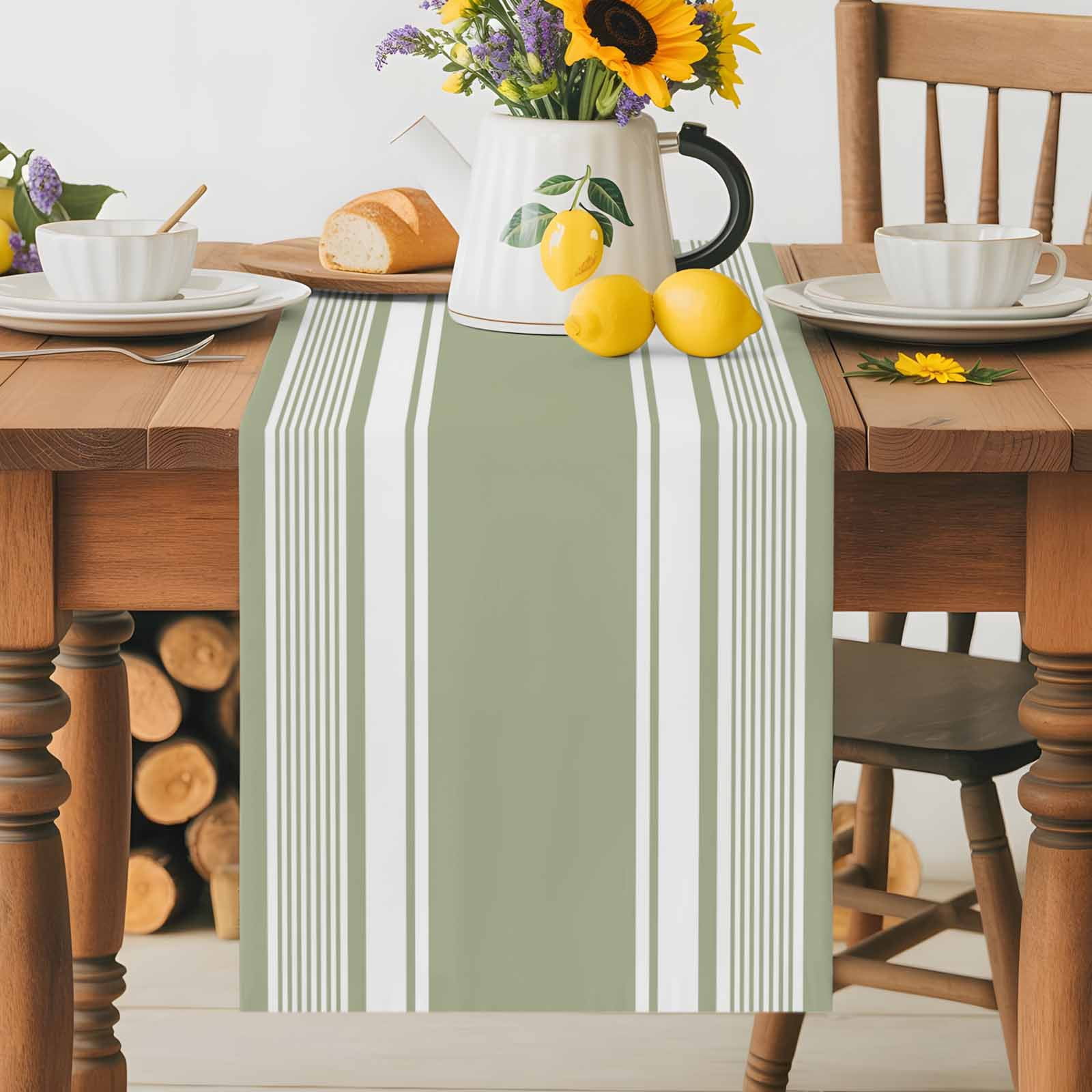 Burlap Table Runner 70 Inches Long, Sage Green Stripe Block Non-Slip ...