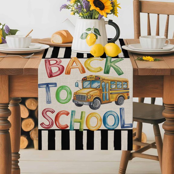 Burlap Table Runner 70 Inches Long, School Bus Black Stripe Burlap Non-Slip Kitchen Table Runners for Dining Room Everyday Use Party Table Decorations Back to School Colorful Word