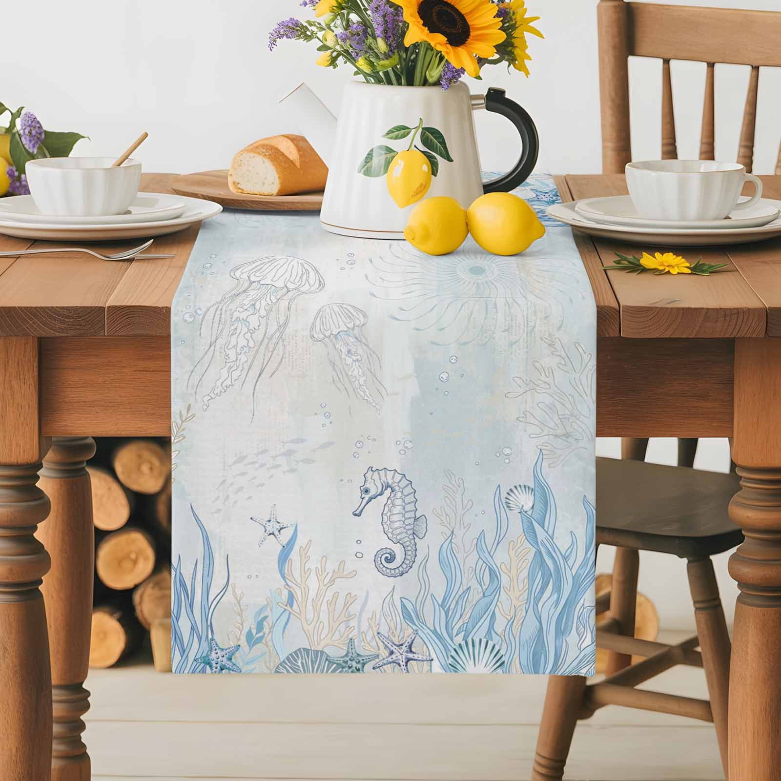 Burlap Table Runner 70 Inches Long, Sea Stars Jellyfish Non-Slip Kitchen Table Runners for Dining Room Everyday Use Party Table Decorations Marine Life on Retro Paper