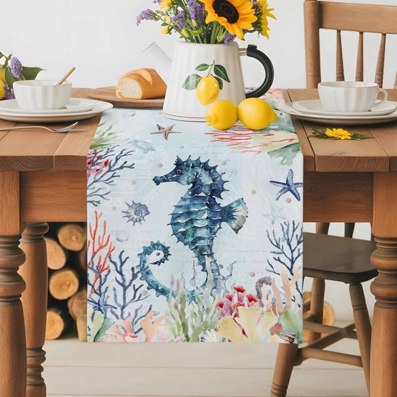 Burlap Table Runner 70 Inches Long,Seahorse Coral Blue Ocean Non-Slip Kitchen Table Runners for Dining Room Everyday Use Party Table Decorations Blue Underwater World