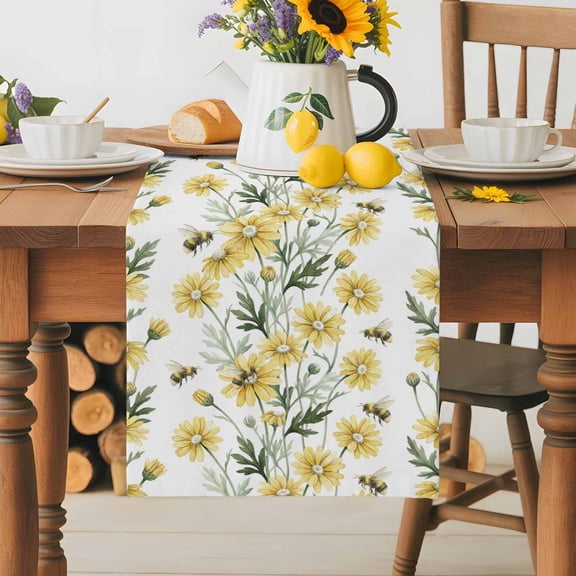 Burlap Table Runner 70 Inches Long,Spring Countryside Yellow Daisy Bees Non-Slip Kitchen Table Runners for Dining Room Everyday Use Party Table Decorations Watercolor Flowerr