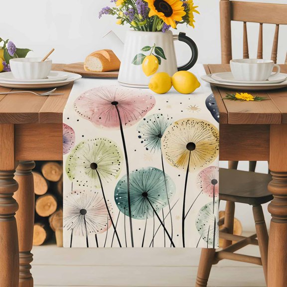 Burlap Table Runner 70 Inches Long, Spring Dandelion Wildflowers Non-Slip Kitchen Table Runners for Dining Room Everyday Use Party Table Decorations Watercolor Abstract Plants