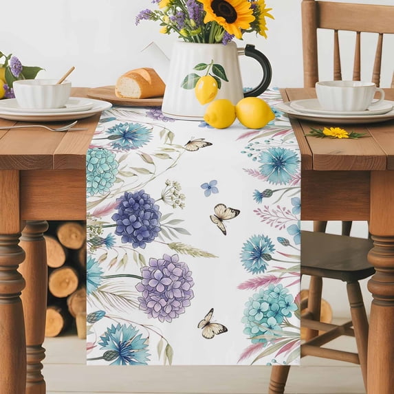 Burlap Table Runner 70 Inches Long, Spring Flower Thistle Hydrangea Non ...