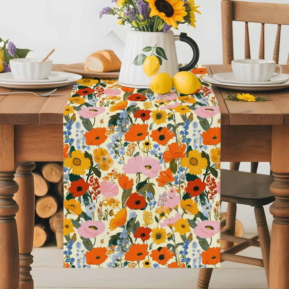 Burlap Table Runner 70 Inches Long, Spring Poppy Daisy Flower Non-Slip Kitchen Table Runners for Dining Room Everyday Use Party Table Decorations Pastoral Colorful Floral Plant
