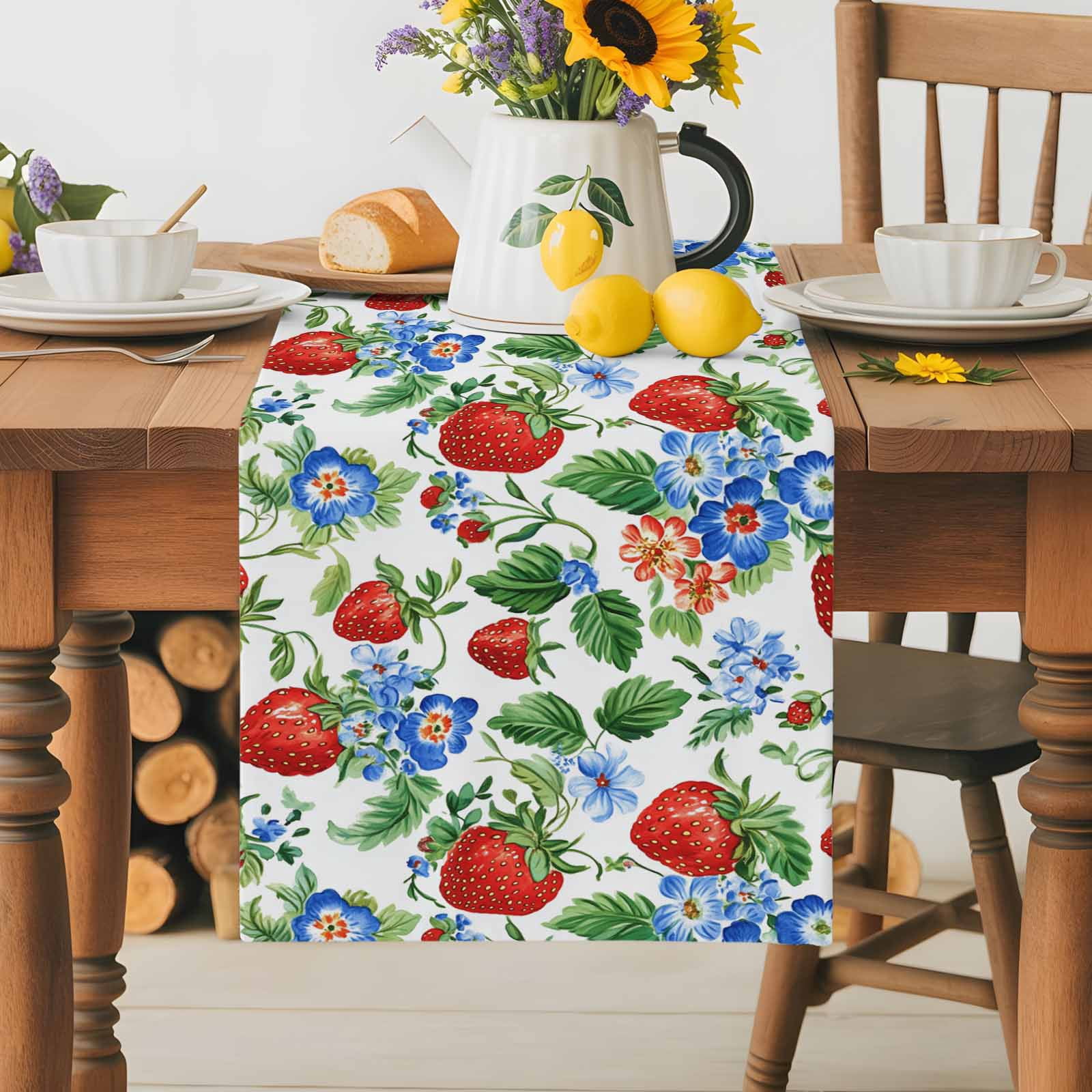 Burlap Table Runner 70 Inches Long,Spring Red Strawberry Blue Flower ...