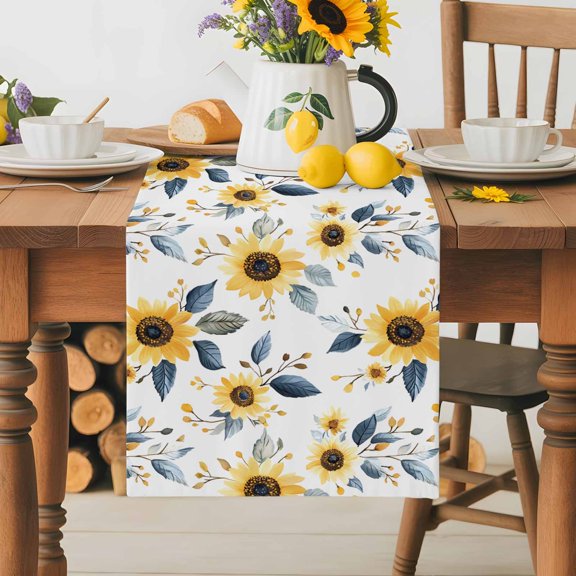 Burlap Table Runner 70 Inches Long, Spring Sunflower Leaf Seamless Non-Slip Kitchen Table Runners for Dining Room Everyday Use Party Table Decorations Farm Blossom Floral