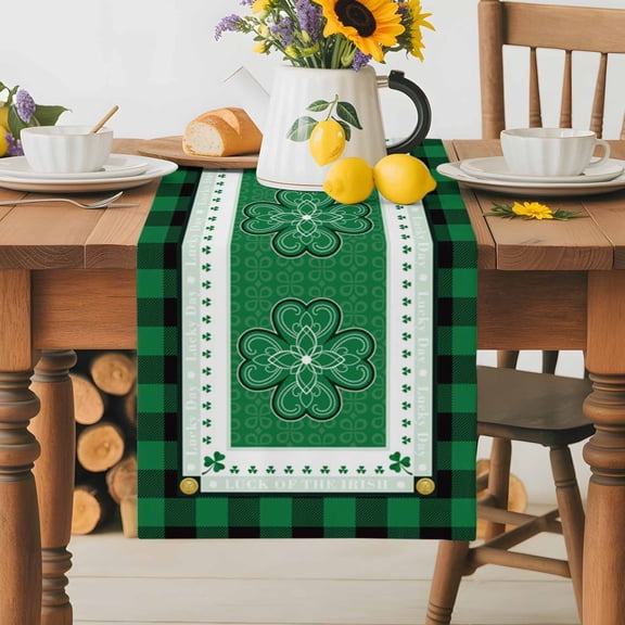 Burlap Table Runner 70 Inches Long,St. Patrick's Day Celtic Knots Lucky Shamrock Non-Slip Kitchen Table Runners for Dining Room Everyday Use Party Table Decorations Buffalo Plaid
