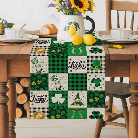 Burlap Table Runner 70 Inches Long,St. Patrick's Day Lucky Dwarf Clovers Non-Slip Kitchen Table Runners for Dining Room Everyday Use Party Table Decorations Retro Green Buffalo Check
