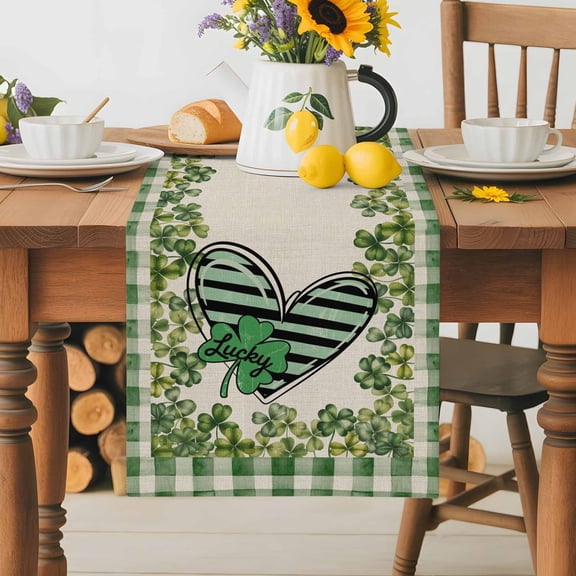 Burlap Table Runner 70 Inches Long,St. Patrick's Day Shamrocks Leaf Heart Non-Slip Kitchen Table Runners for Dining Room Everyday Use Party Table Decorations Green Plaid on Burlap