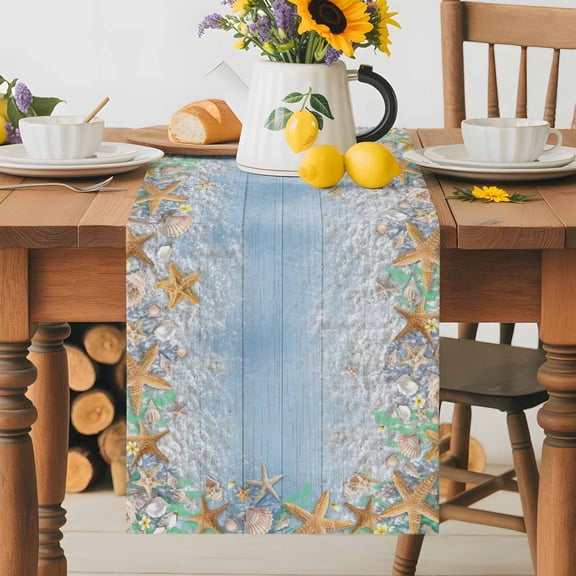 Burlap Table Runner 70 Inches Long, Summer Beach Starfish Shell Non-Slip Kitchen Table Runners for Dining Room Everyday Use Party Table Decorations Gradient Blue Wooden Plank