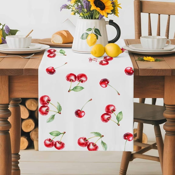 Burlap Table Runner 70 Inches Long, Summer Cherry Red Watercolor Non-Slip Kitchen Table Runners for Dining Room Everyday Use Party Table Decorations Farm Fruit Harvest