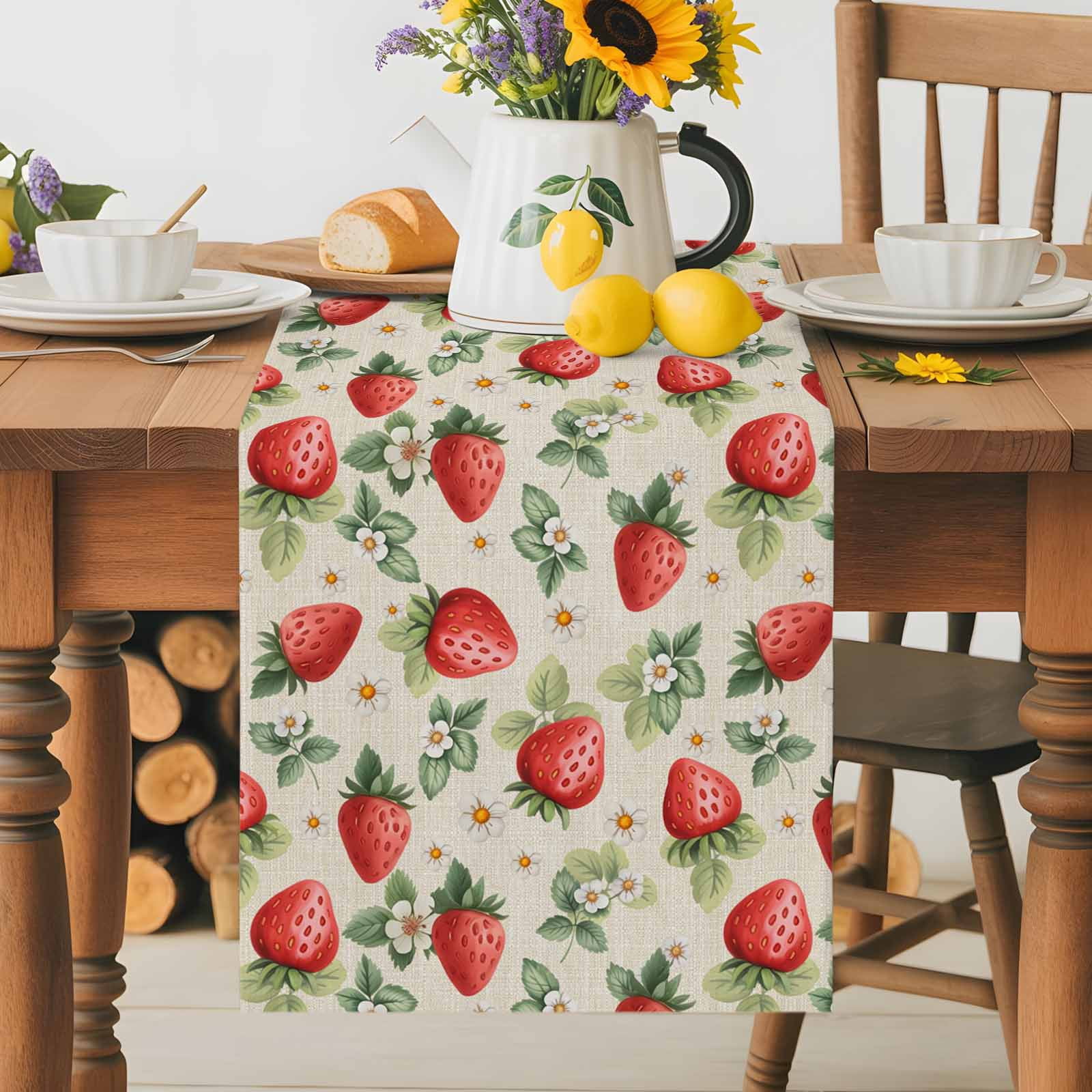 Burlap Table Runner 70 Inches Long, Summer Fruits Strawberries Non-Slip ...