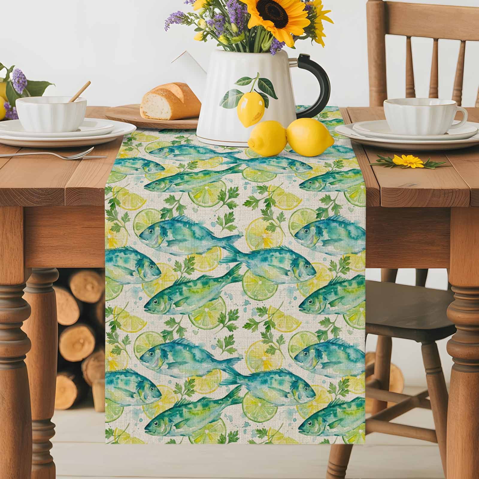 Burlap Table Runner 70 Inches Long, Summer Oceans Fish Non-Slip Kitchen ...
