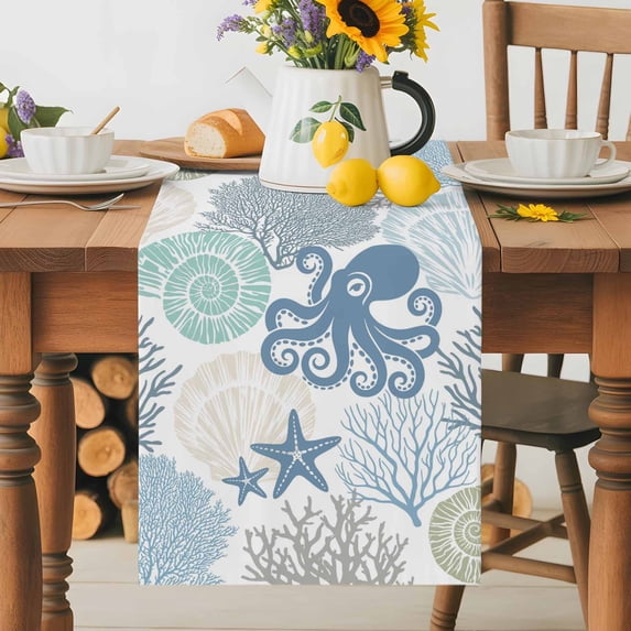 Burlap Table Runner 70 Inches Long, Summer Octopus Starfish Coral Non ...