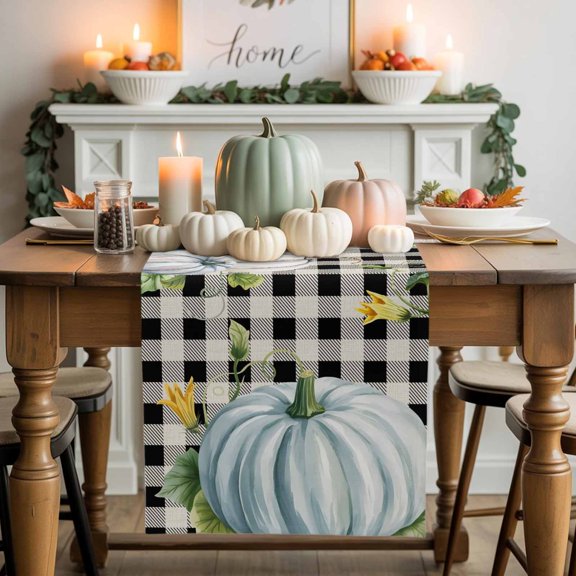 Burlap Table Runner 70 Inches Long,Teal Pumpkin Fall Thanksgiving Black Plaid Non-Slip Kitchen Table Runners for Dining Room Everyday Use Party Table Decorations Watercolor Green Leaves Flower