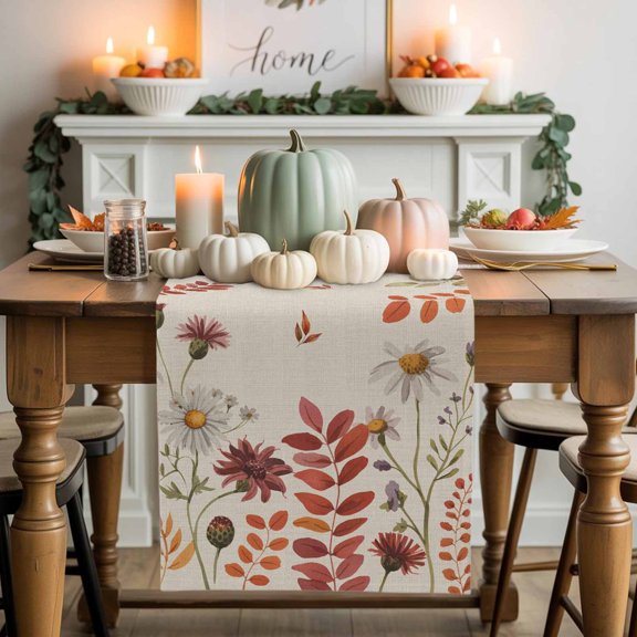 Burlap Table Runner 70 Inches Long,Thanksgiving Fall Daisy Flower Leaves Watercolor Non-Slip Kitchen Table Runners for Dining Room Everyday Use Party Table Decorations Farm Plant Retro Linen