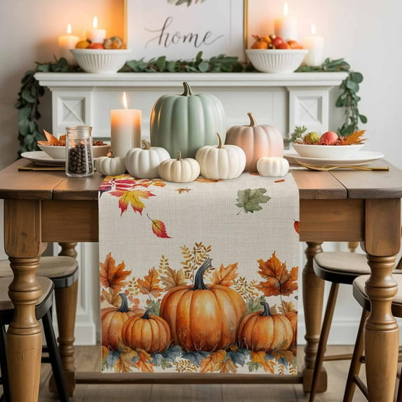 Burlap Table Runner 70 Inches Long,Thanksgiving Pumpkin Autumn Orange Maple Leaf Non-Slip Kitchen Table Runners for Dining Room Everyday Use Party Table Decorations Retro Linen