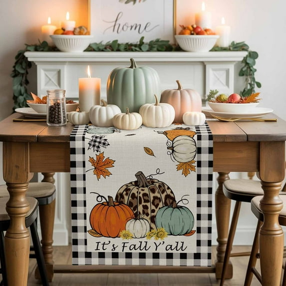 Burlap Table Runner 70 Inches Long,Thanksgiving Pumpkin Black Checker Non-Slip Kitchen Table Runners for Dining Room Everyday Use Party Table Decorations Fall Maple Leaf Retro Linen