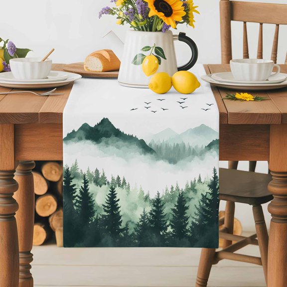 Burlap Table Runner 70 Inches Long, Tree Mountain Green Ombre Non-Slip Kitchen Table Runners for Dining Room Everyday Use Party Table Decorations Watercolor Bird Forest Landscape