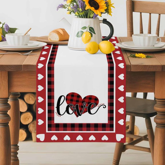 Burlap Table Runner 70 Inches Long, Valentine's Day Romantic Love Heart Non-Slip Kitchen Table Runners for Dining Room Everyday Use Party Table Decorations Red Buffalo Plaid