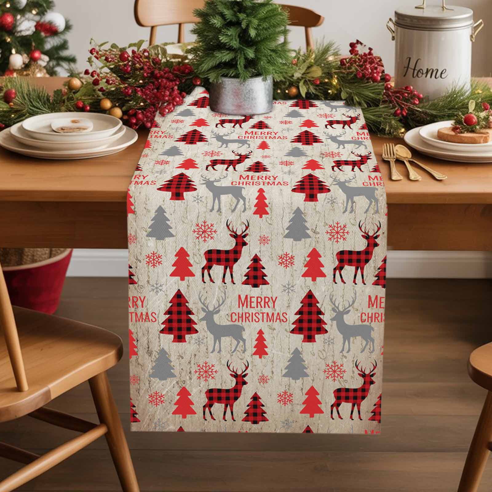 Burlap Table Runner 70 Inches Long,Vintage Christmas Tree Reindeer Non ...