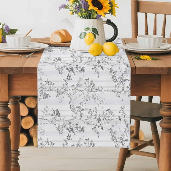 Burlap Table Runner 70 Inches Long, Vintage Forest Tree Leaves Non-Slip Kitchen Table Runners for Dining Room Everyday Use Party Table Decorations Botanical on Gray Stripes