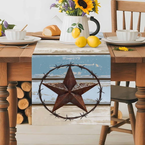 Burlap Table Runner 70 Inches Long, Vintage Western Star on Wood Grain Non-Slip Kitchen Table Runners for Dining Room Everyday Use Party Table Decorations Retro Wooden Texture