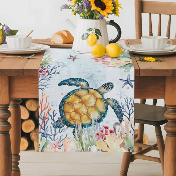 Burlap Table Runner 70 Inches Long,Watercolor Coastal Sea Turtle Coral Seahorse Starfish Non-Slip Kitchen Table Runners for Dining Room Everyday Use Party Table Decorations Underwater World
